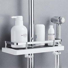 Front view of the compact shower caddy with bottles and hooks