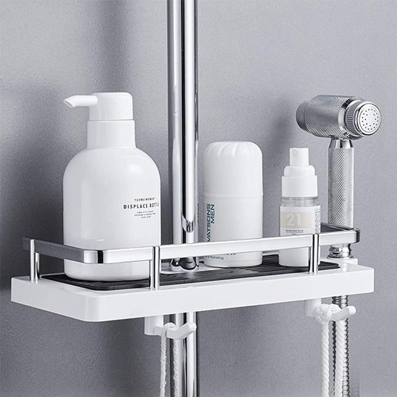 Front view of the compact shower caddy with bottles and hooks