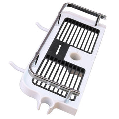 Slotted tray, attachment parts, and lower hooks on the shower caddy