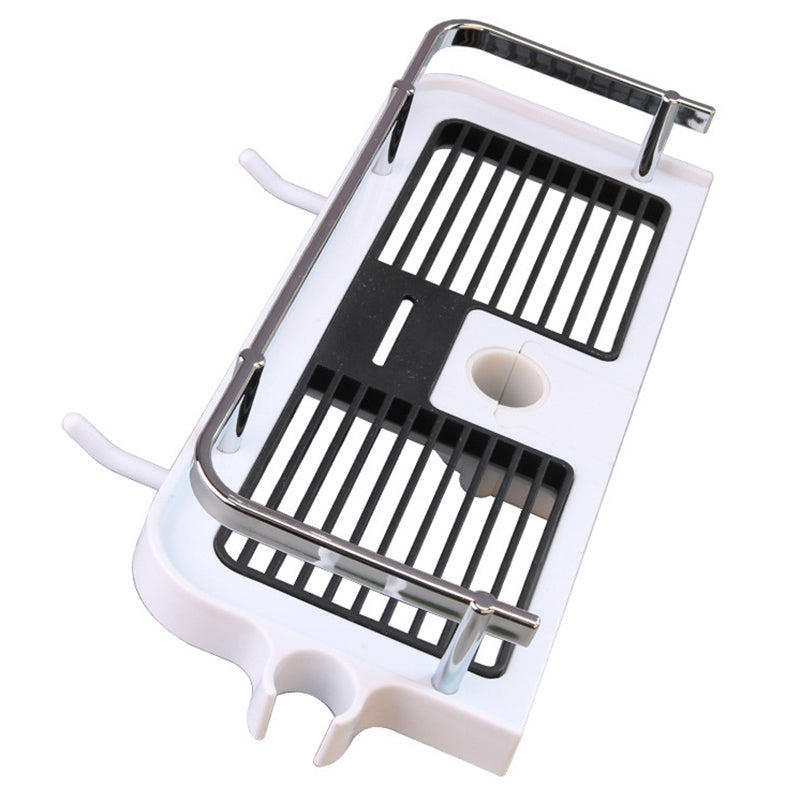 Slotted tray, attachment parts, and lower hooks on the shower caddy