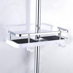 Compact shower caddy attached around a vertical shower riser