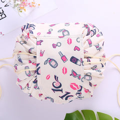 Beige printed drawstring cosmetic bag