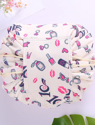 Beige printed drawstring cosmetic bag