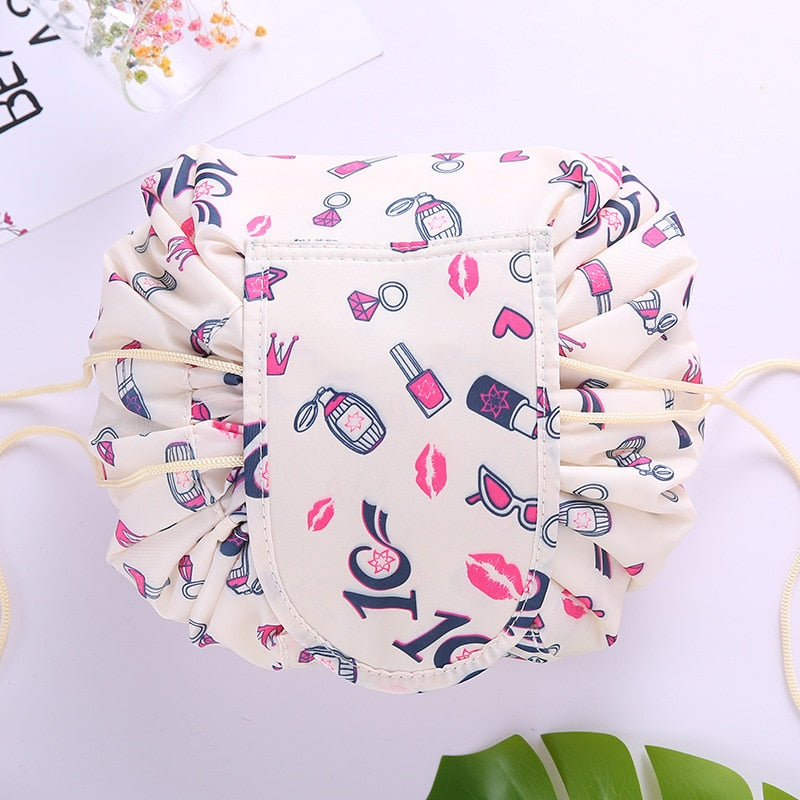 Beige printed drawstring cosmetic bag