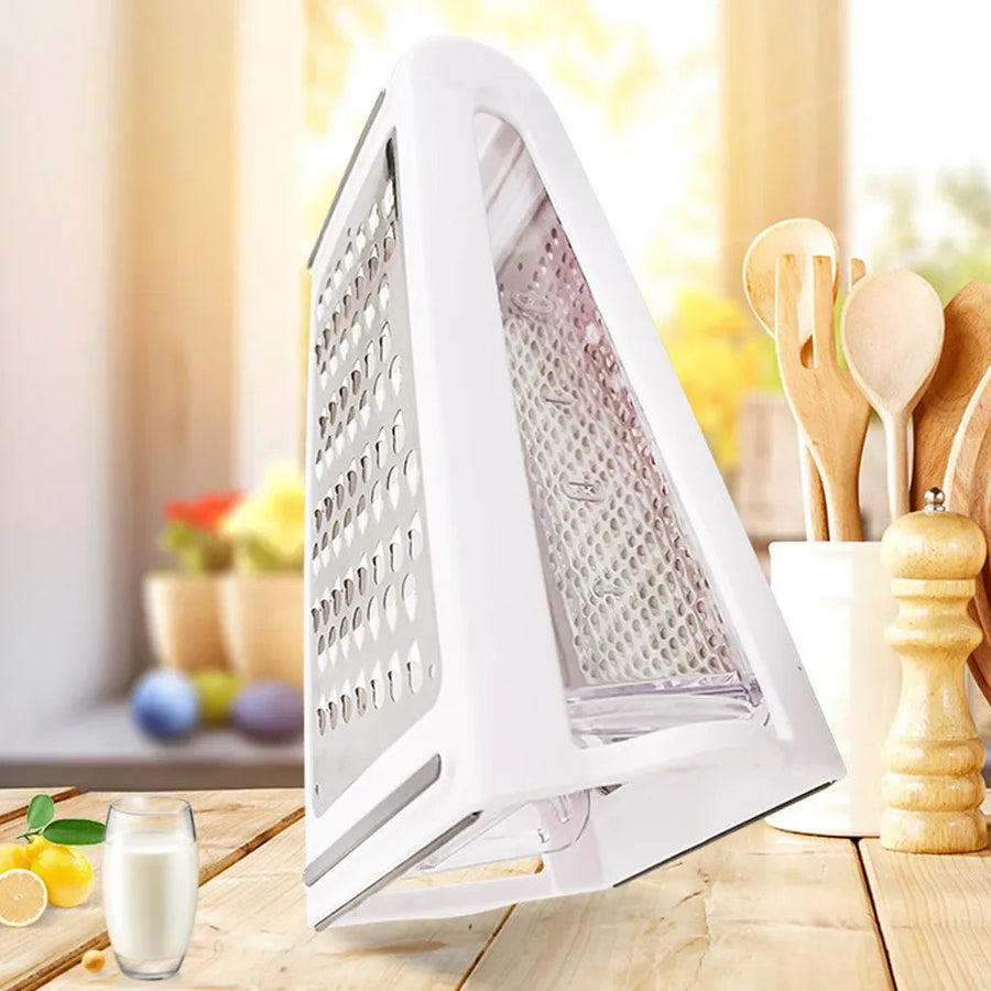 White grater with collection tray on a kitchen counter