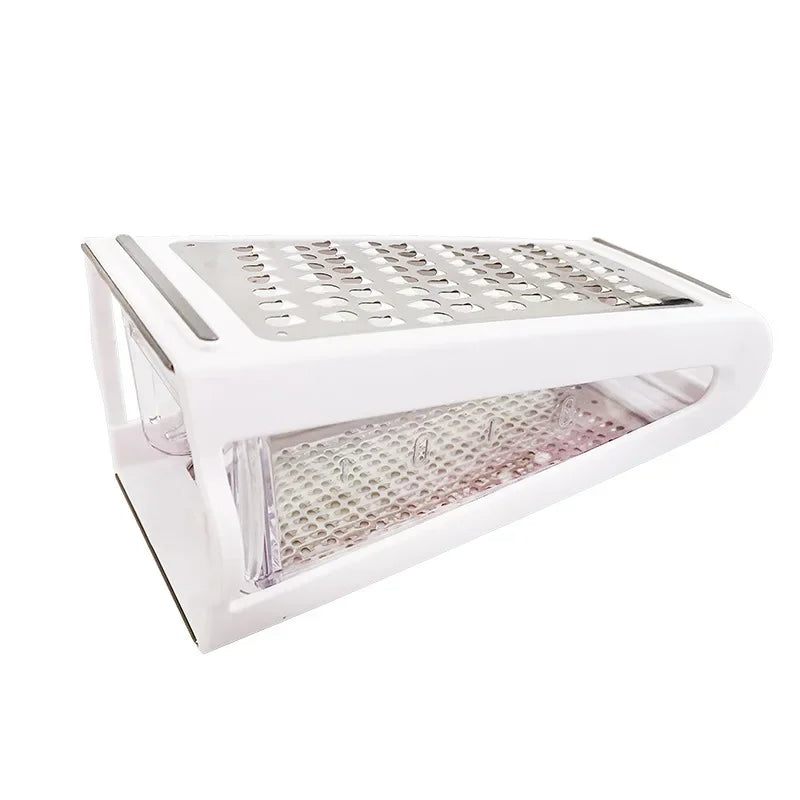 Side view of the grater and clear collection tray