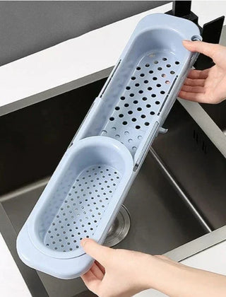 Blue expandable sink organizer rack