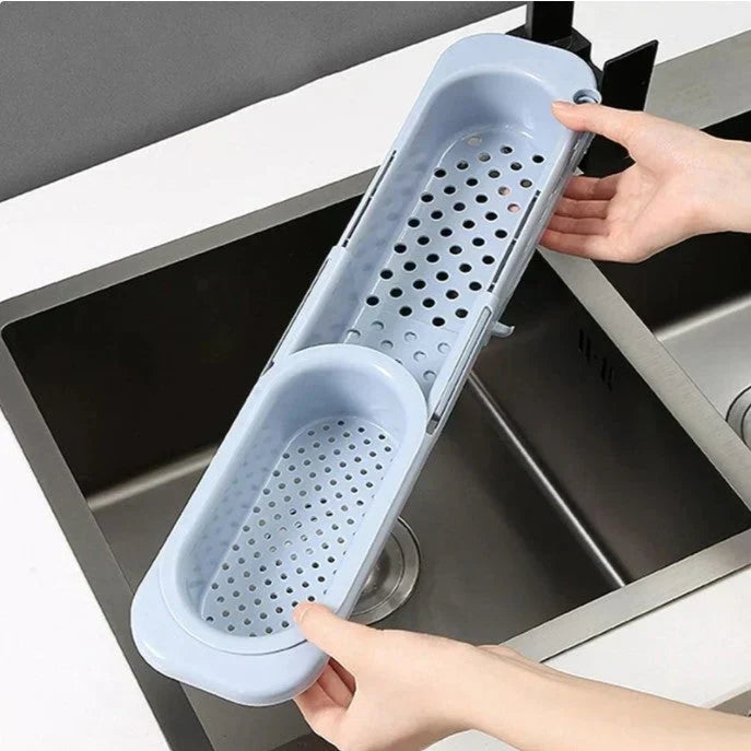 Blue expandable sink organizer rack