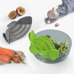 Gray and Green silicone pot strainers beside produce