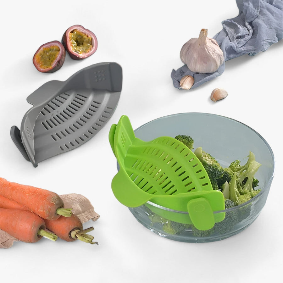 Gray and Green silicone pot strainers beside produce