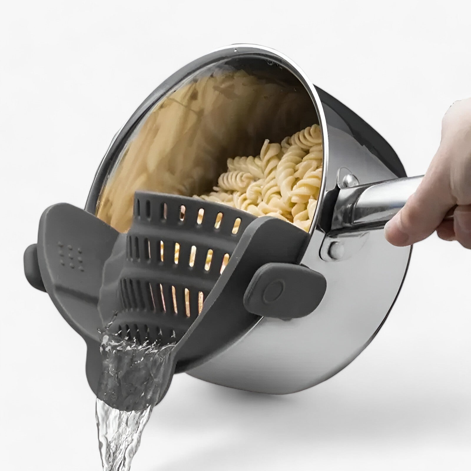 Gray clip-on silicone pot strainer draining pasta