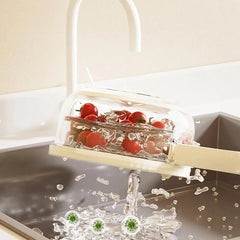 Produce container draining over a kitchen sink
