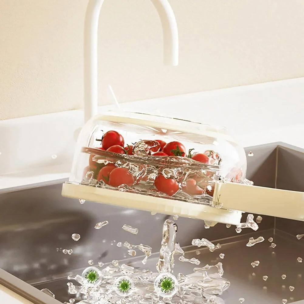 Produce container draining over a kitchen sink
