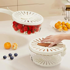 White produce storage container with drain basket and vented lid