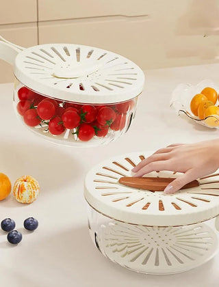 White produce storage container with drain basket and vented lid