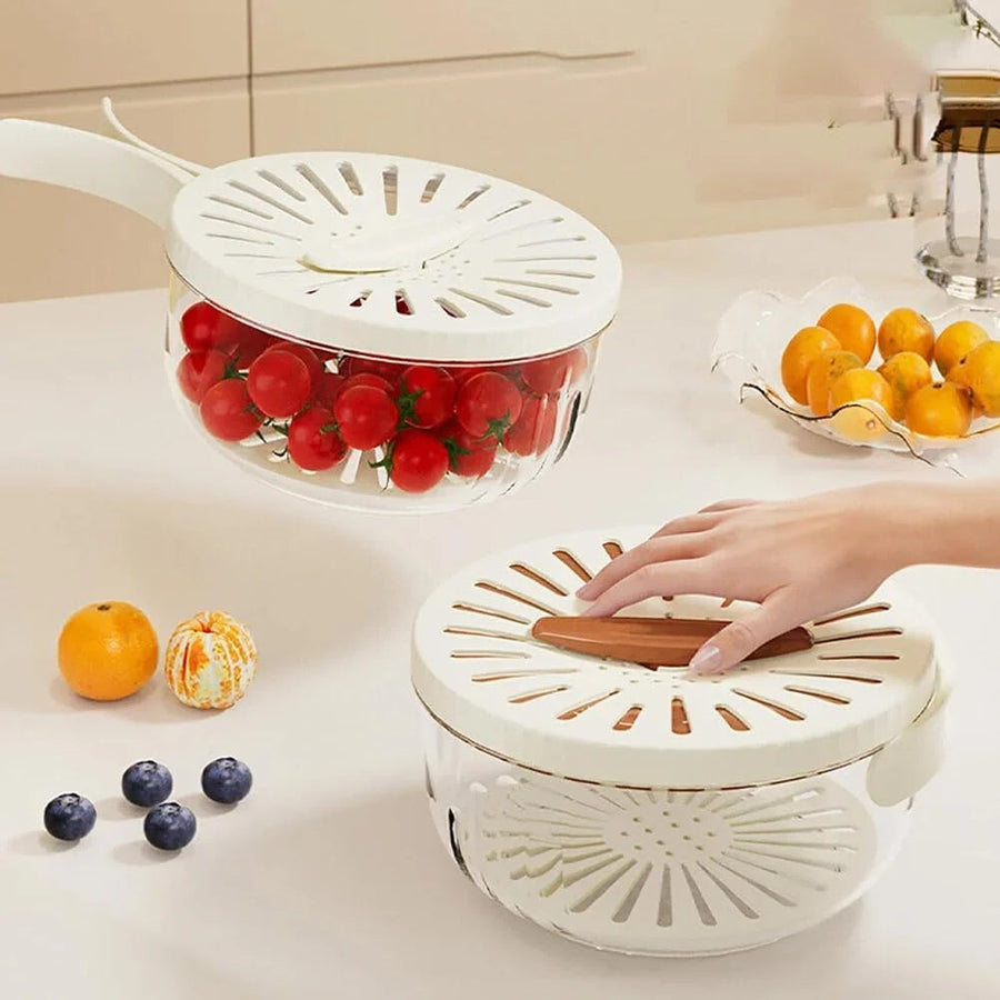 White produce storage container with drain basket and vented lid