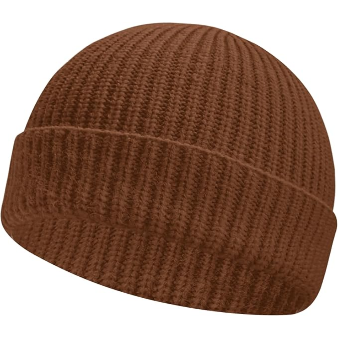 Brown short-cuff rib-knit beanie