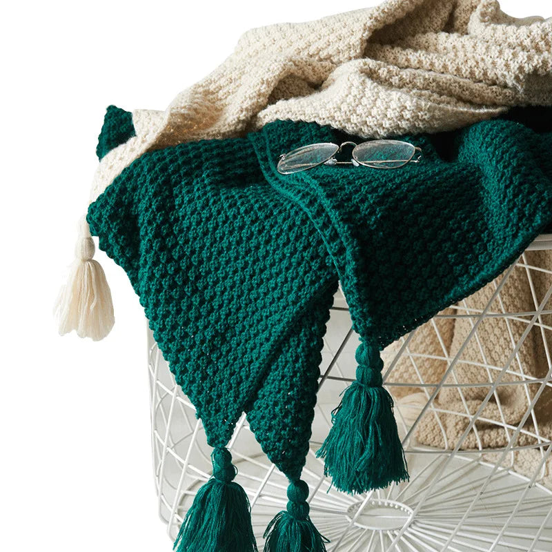 Deep Green chunky knitted tassel throw
