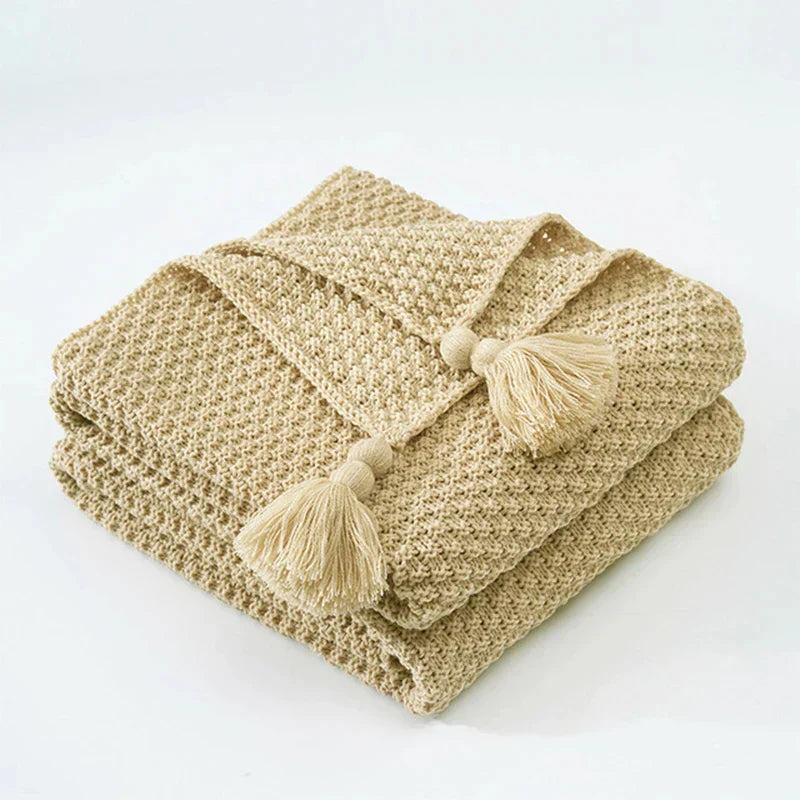 Folded Khaki knitted tassel throw