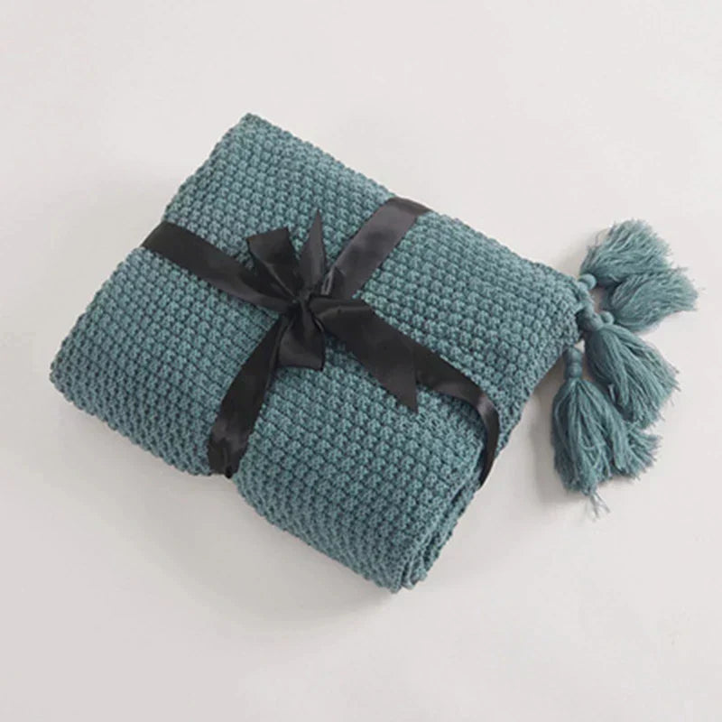 Folded Light Green knitted tassel throw