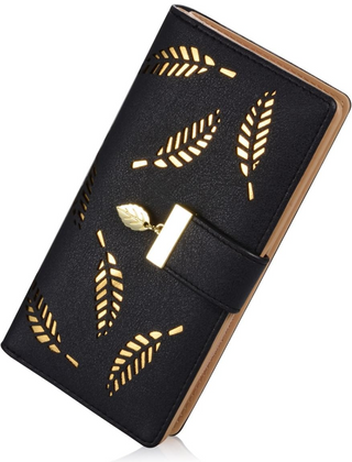 Black leaf-cutout long wallet