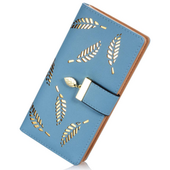 Blue leaf-cutout long wallet