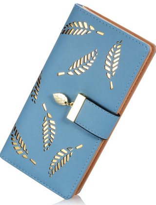 Blue leaf-cutout long wallet