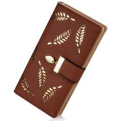 Brown leaf-cutout long wallet