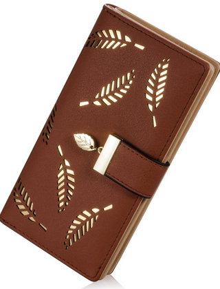 Brown leaf-cutout long wallet