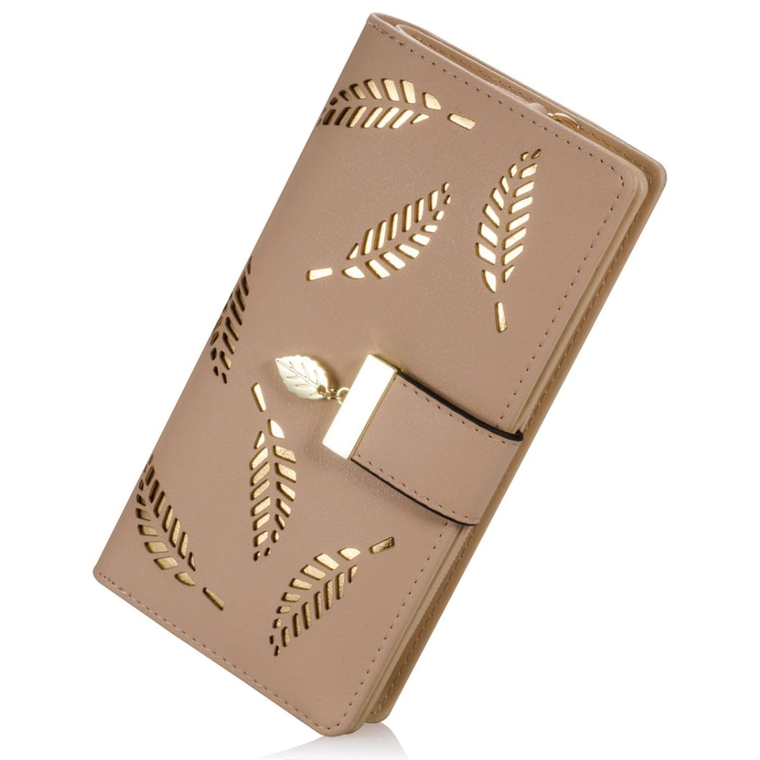 Khaki leaf-cutout long wallet