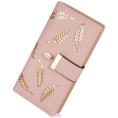 Pink leaf-cutout long wallet
