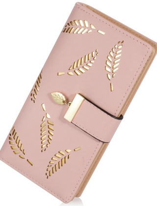 Pink leaf-cutout long wallet