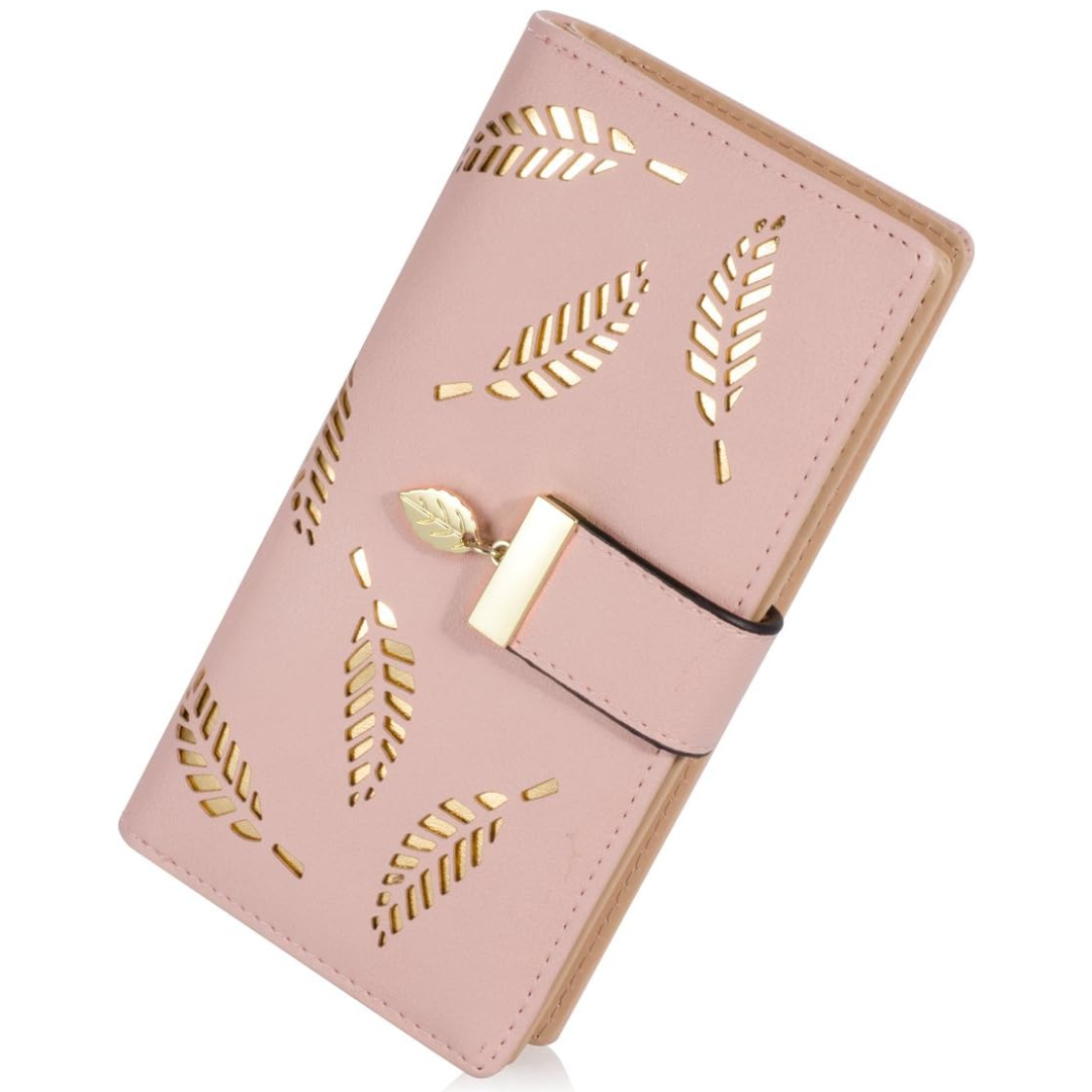 Pink leaf-cutout long wallet