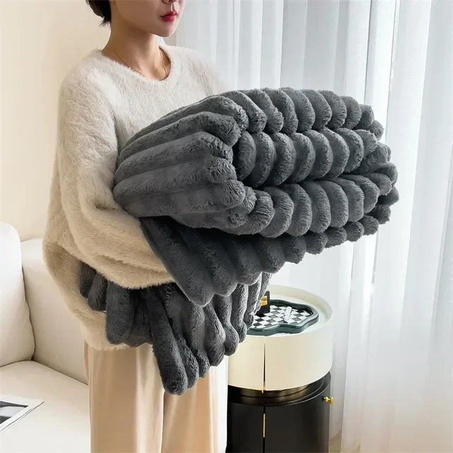 Folded Dark Gray plush ribbed blanket