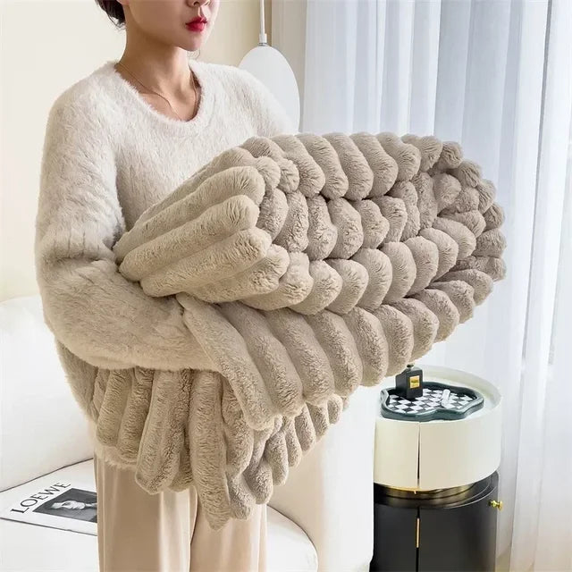 Folded Light Gray plush ribbed blanket