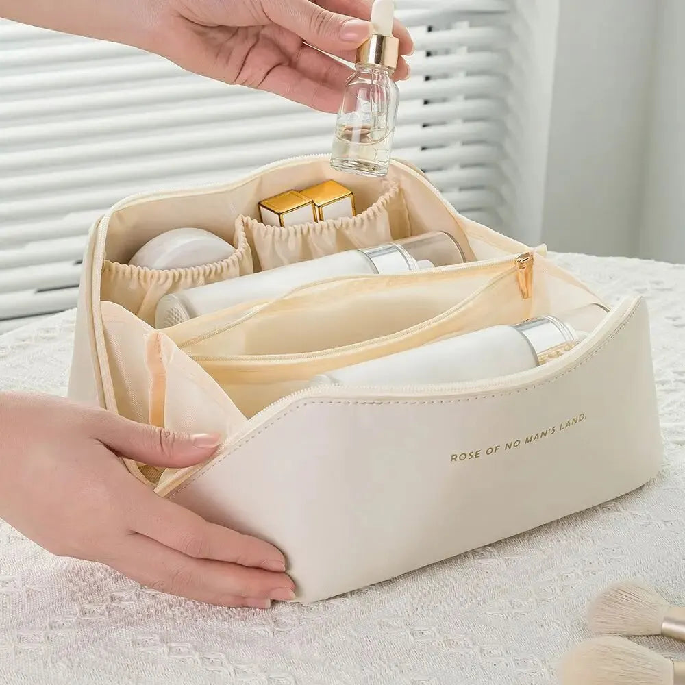 White toiletry bag interior dividers and elastic holders