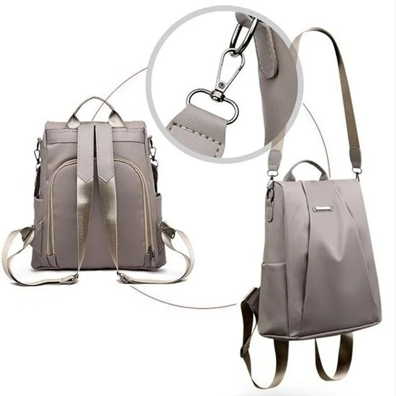 Khaki bag shown with backpack and detachable shoulder straps