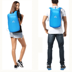 Blue foldable backpack shown from the front and back