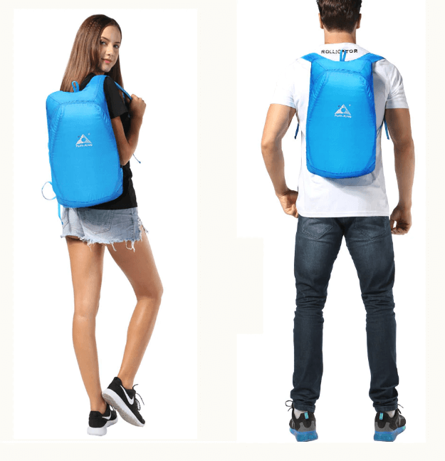 Blue foldable backpack shown from the front and back