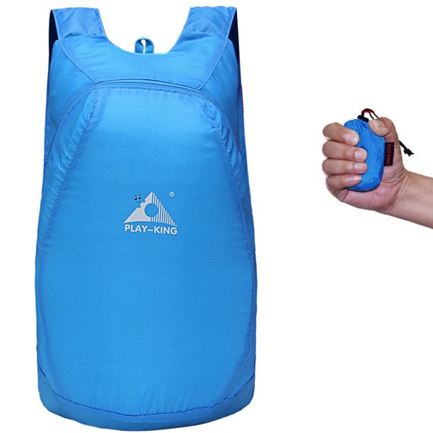 Blue foldable backpack beside its compact packed form