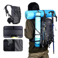 Black hiking backpack with exterior gear attachment points