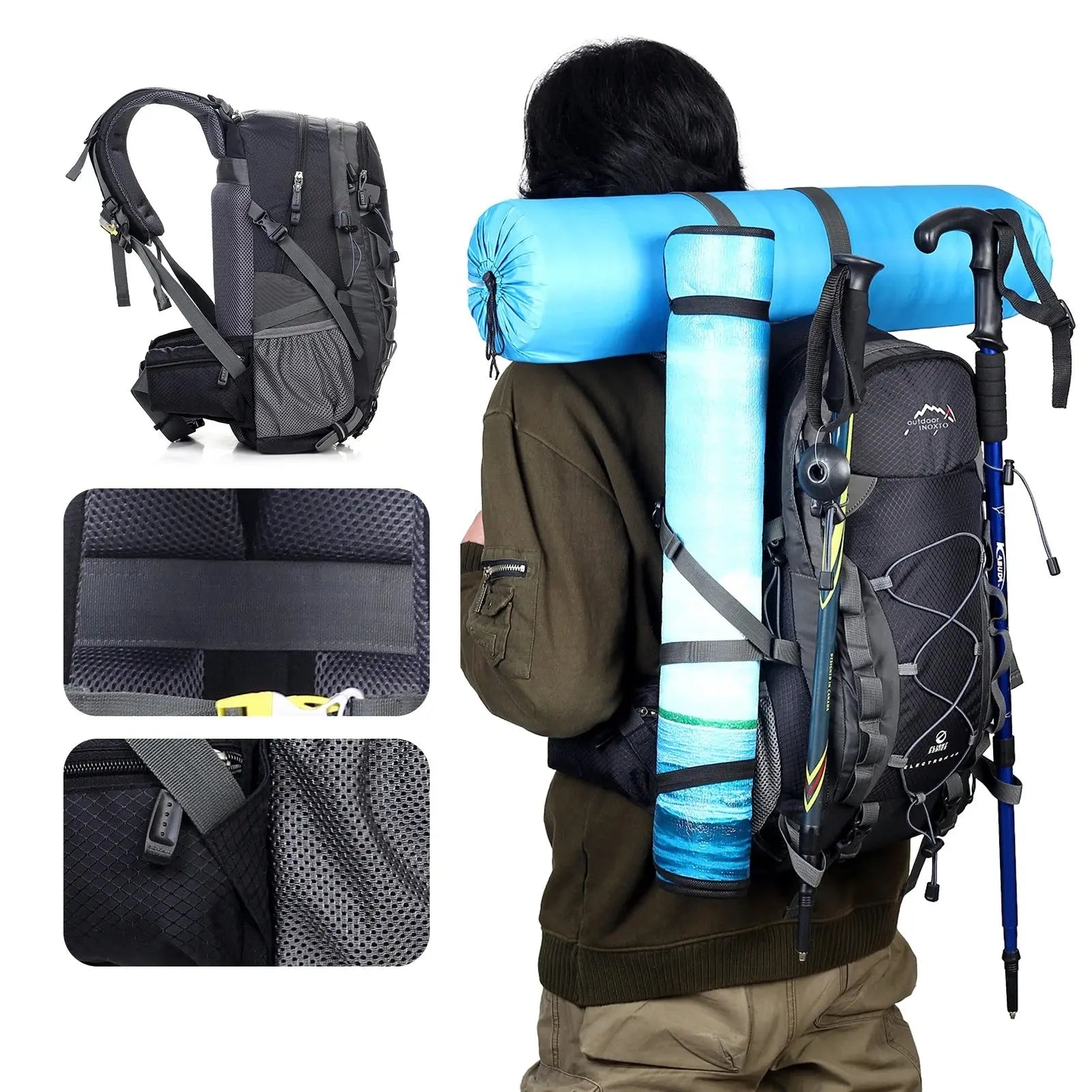 Black hiking backpack with exterior gear attachment points