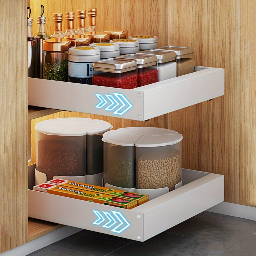 White pull-out cabinet organizer extended from a shelf