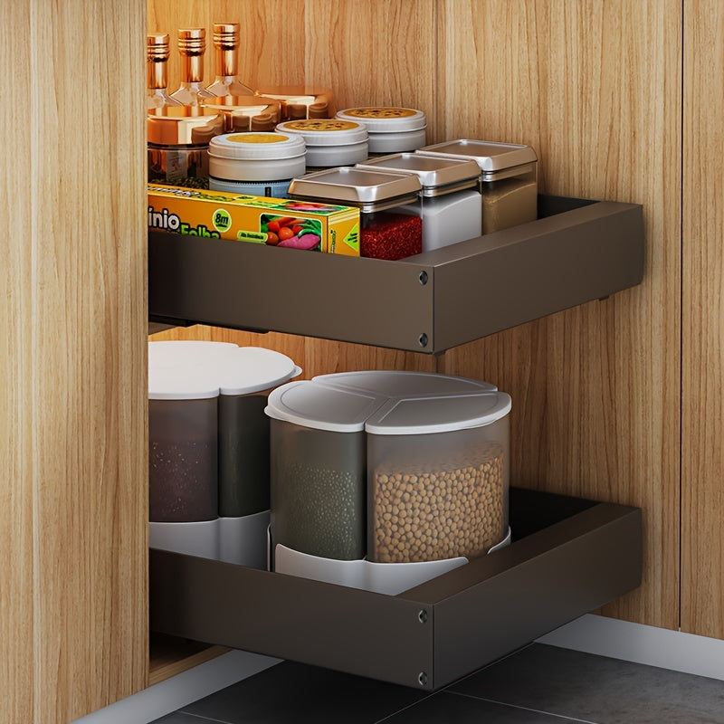 Black pull-out cabinet organizer extended from a shelf