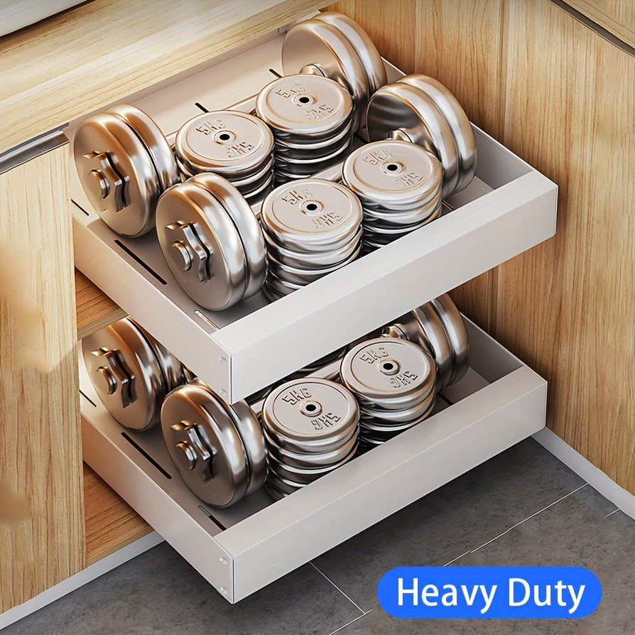 Two white pull-out cabinet organizers with pantry jars
