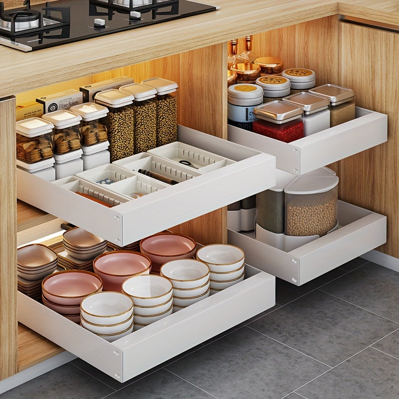 Pull-out cabinet organizers holding jars in a kitchen cabinet