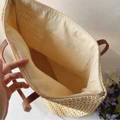 Lined interior of the White woven tote bag