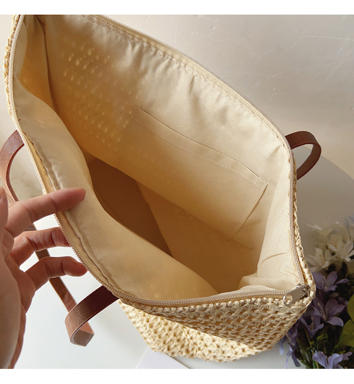 Lined interior of the White woven tote bag