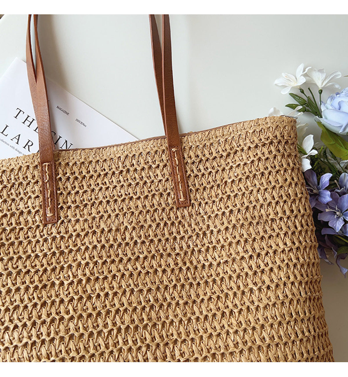 Close view of the Brown woven tote exterior