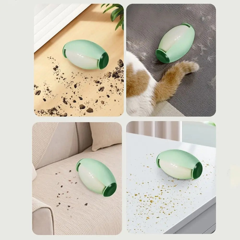 Reusable lint remover shown on several household surfaces